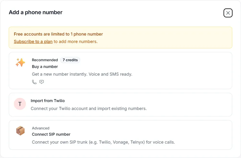 Add a phone number dialog in Loop Voice with three options: buy a number for 7 credits, import from Twilio, or connect a SIP number