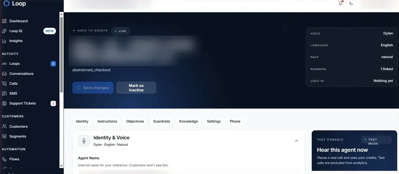 Loop Voice agent editor header with the agent's voice, language, pace and linked numbers, the section tabs, and the Hear this agent now test console