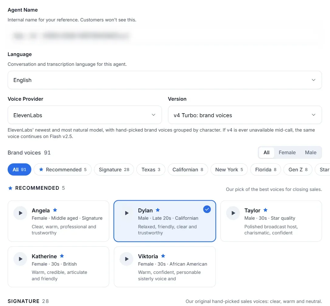 Identity and voice section of the Loop Voice agent editor: language, voice provider and version, and the brand voices grid with Recommended voices
