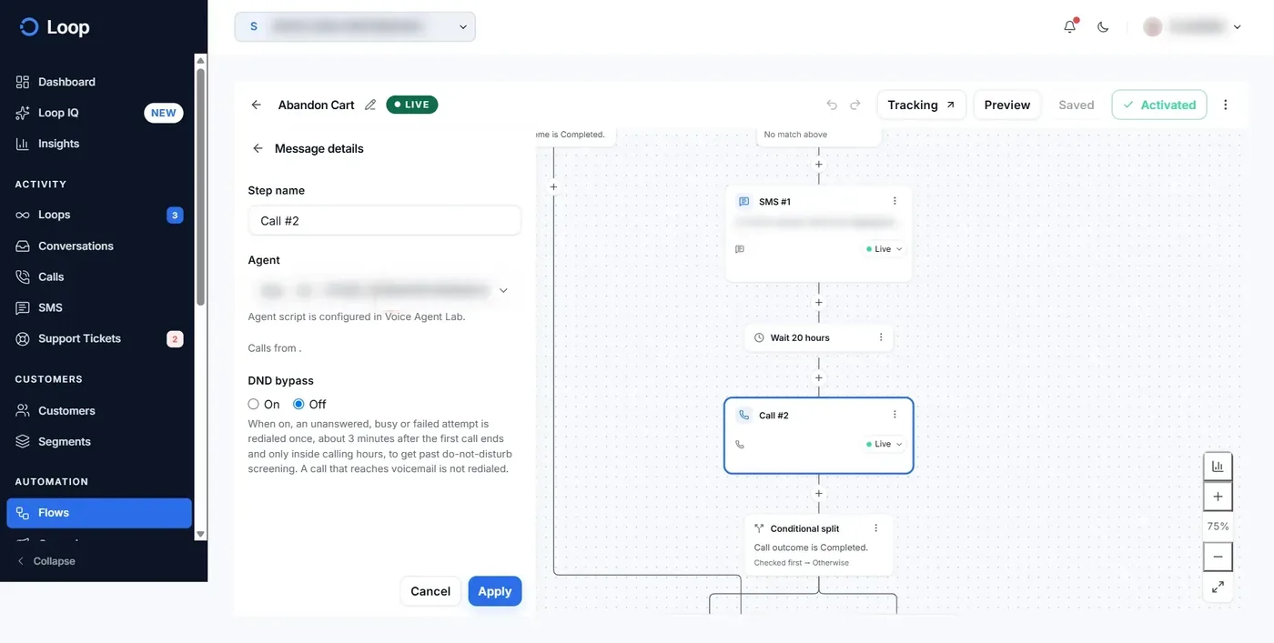 Call step settings in Loop Voice: step name, agent selection, caller number and the DND bypass switch with its explanation