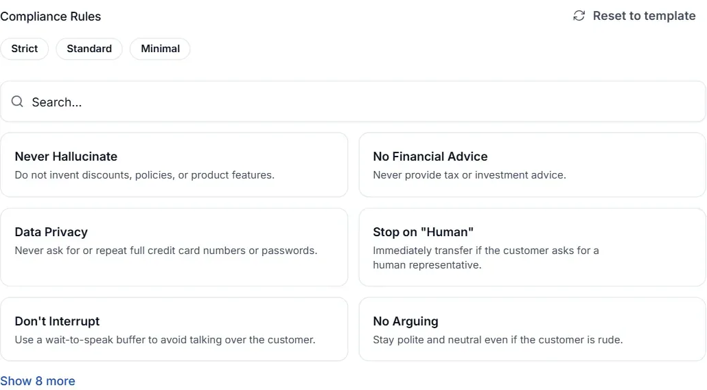 Compliance Rules in Loop Voice with Strict, Standard and Minimal templates and rule cards such as Never Hallucinate, No Financial Advice, Data Privacy and Stop on Human