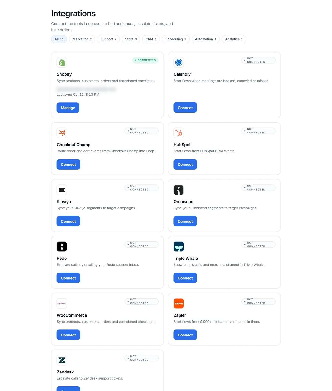 Integrations page in Loop Voice listing Shopify (connected), Calendly, Checkout Champ, HubSpot, Klaviyo, Omnisend, Redo, Triple Whale, WooCommerce, Zapier and Zendesk