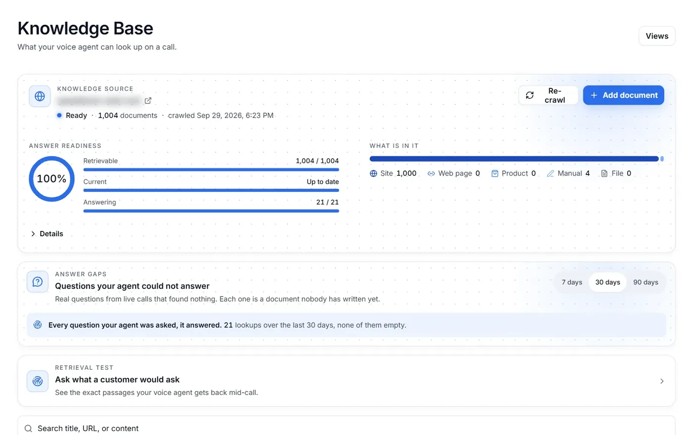 Knowledge Base page in Loop Voice: the crawled site source with document count, an answer-readiness panel at 100%, the answer gaps list and the retrieval test