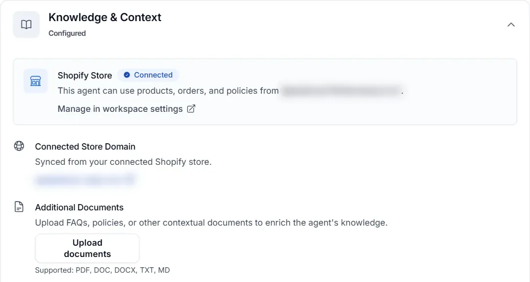 Knowledge and Context section of a Loop Voice agent: the connected Shopify store, the store domain and an upload area for documents