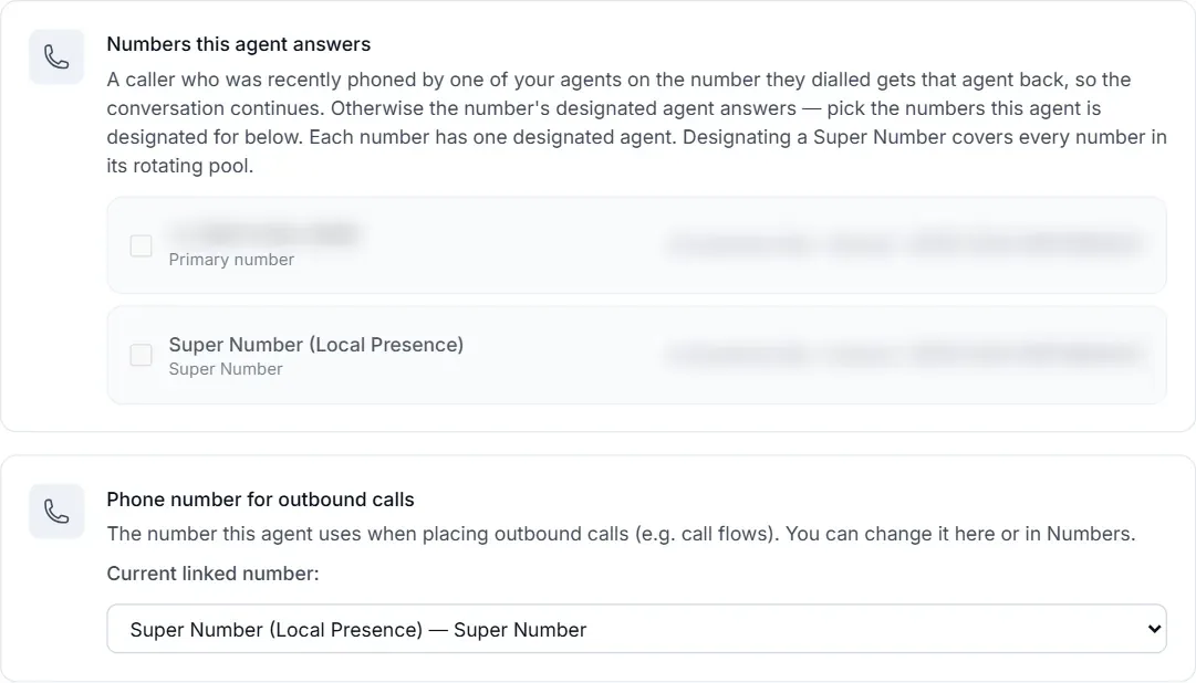 Phone section of the Loop Voice agent editor: numbers this agent answers, and the phone number used for outbound calls