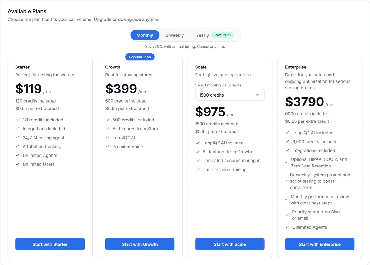 Available Plans screen inside Loop Voice: Starter $119, Growth $399, Scale $975 and Enterprise $3,790 a month with credits included and $0.65 per extra credit