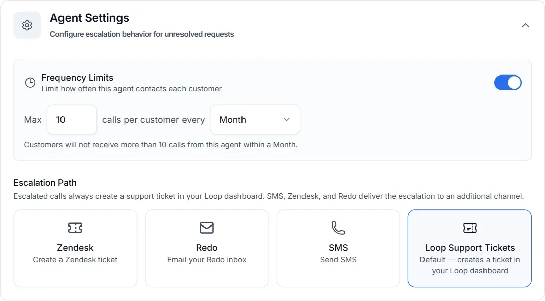 Agent Settings in Loop Voice: frequency limits with a maximum number of calls per customer per period, and the escalation path with Zendesk, Redo, SMS and Loop support tickets