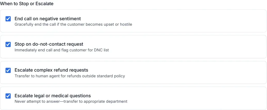 When to Stop or Escalate rules in Loop Voice: end call on negative sentiment, stop on do-not-contact request, escalate complex refund requests, escalate legal or medical questions