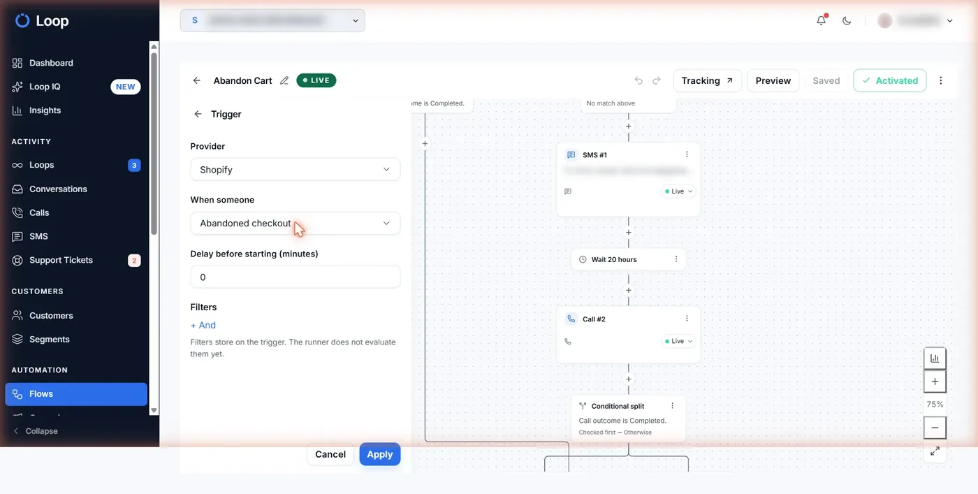 Trigger settings panel in the Loop Voice flow editor: provider Shopify, event Abandoned checkout, delay before starting, filters