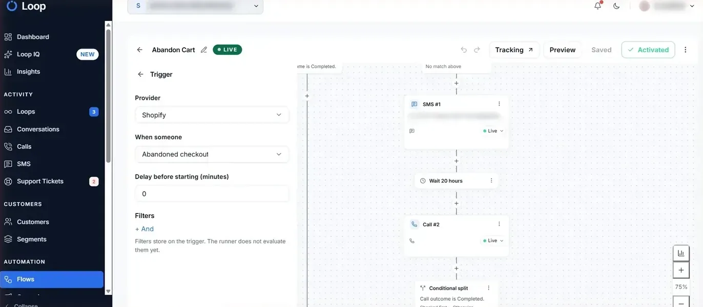 Trigger settings panel in the Loop Voice flow editor: provider Shopify, event Abandoned checkout, delay before starting, filters