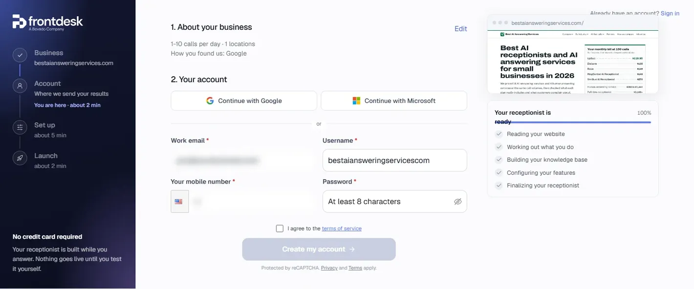 My AI Front Desk account step: the business answers (1 to 10 calls per day, 1 location, found via Google), Continue with Google or Microsoft, work email, username, mobile number, password, terms checkbox and a Create my account button, with the receptionist-ready panel at 100%
