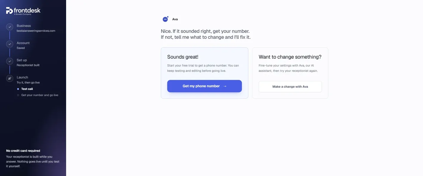 My AI Front Desk Launch step after the test call: Ava asks how the receptionist did, with two cards, Sounds great, Get my phone number, and Want to change something, Make a change with Ava