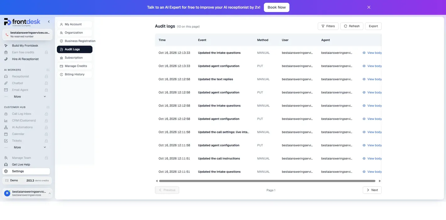 My AI Front Desk Audit Logs page listing ten entries from 16 October 2026 between 12:11:51 and 12:13:33: updated the intake questions, updated agent configuration, updated the text replies, updated the call settings with live intake tickets enabled, updated the call instructions, each with a View body link