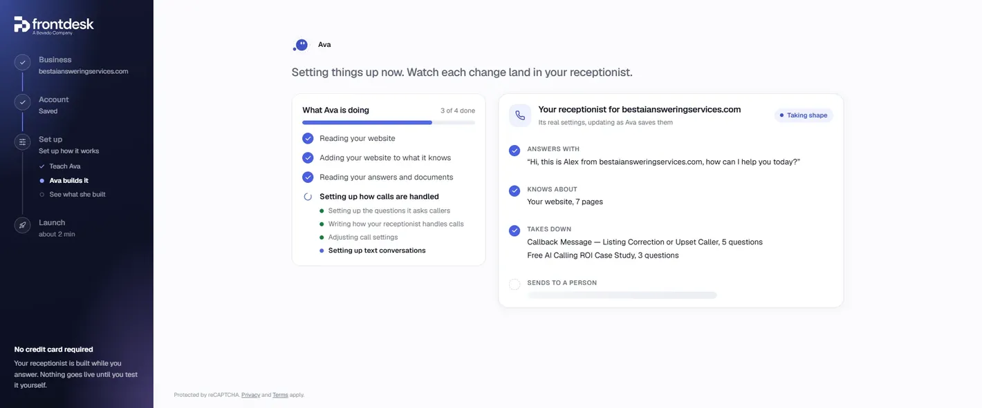 My AI Front Desk build screen, three of four steps done, with the receptionist taking shape on the right