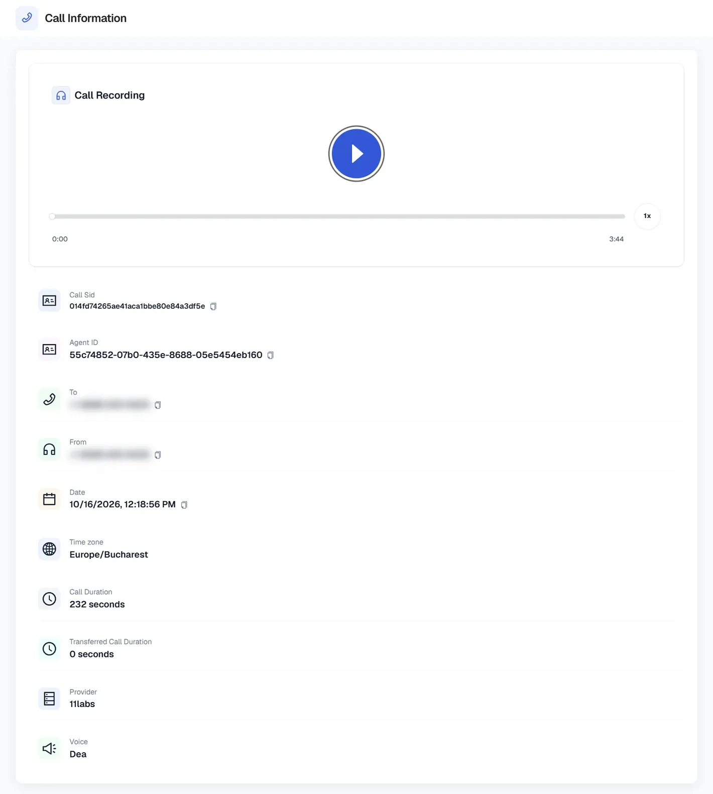 My AI Front Desk Call Information page: a Call Recording player showing 3:44 with a 1x speed button, then Call Sid, Agent ID, To and From numbers blurred, date 10/16/2026 12:18:56 PM, time zone Europe/Bucharest, call duration 232 seconds, transferred call duration 0 seconds, provider 11labs, voice Dea