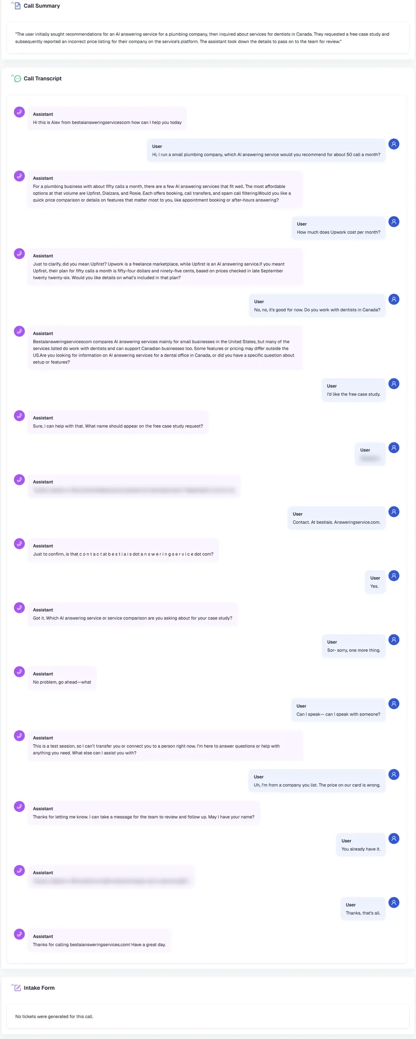 The call summary and full transcript of our test call on the My AI Front Desk Call Information page, as alternating Assistant and User bubbles, ending with the intake form result: no tickets were generated for this call