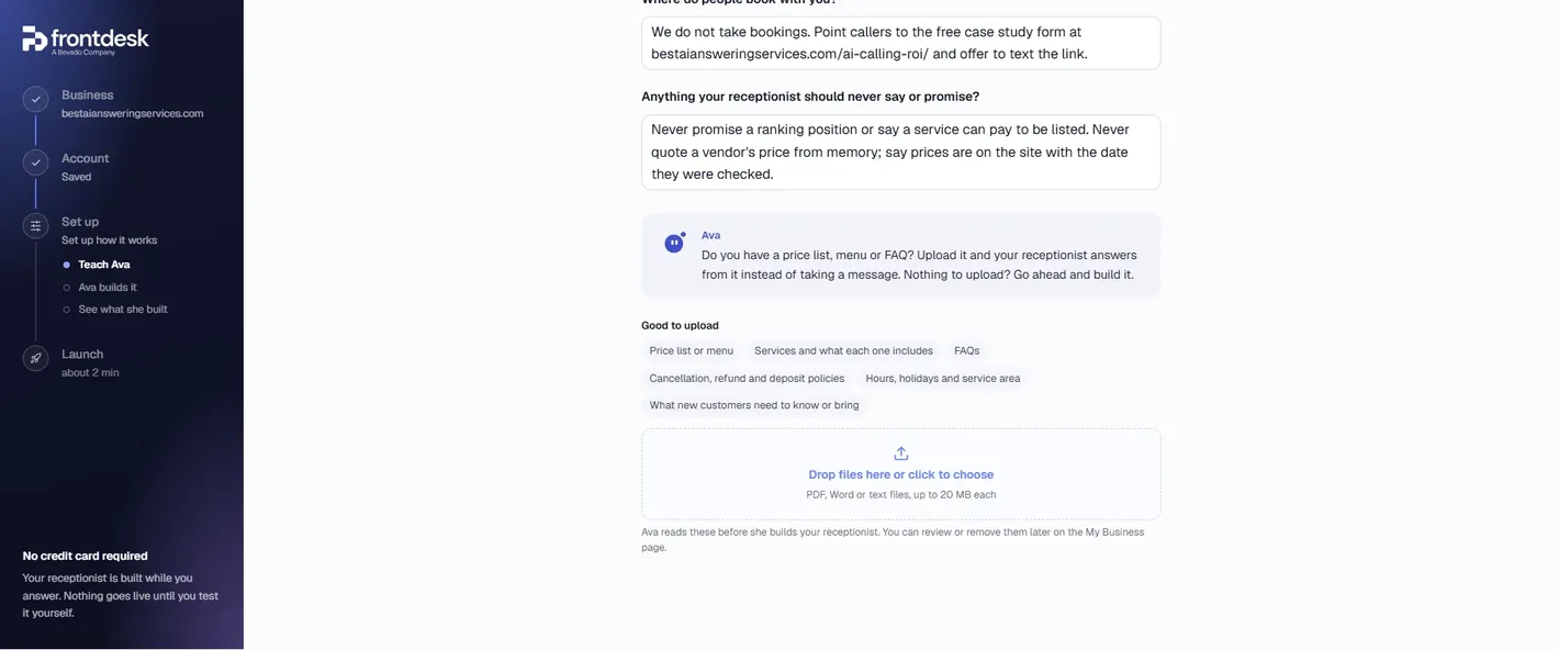 My AI Front Desk document upload step after the five questions: suggested uploads such as price list, services, FAQs and policies, and a drop zone for PDF, Word or text files up to 20 MB each