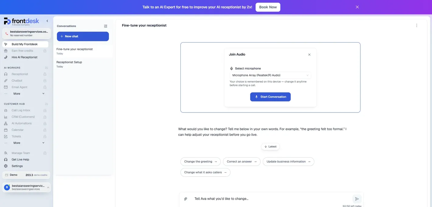 My AI Front Desk Build My Frontdesk screen: a Fine-tune your receptionist chat with a Start Conversation voice widget, suggestions to change the greeting, correct an answer, update business information or change what it asks callers, and a counter reading 50/50 left today