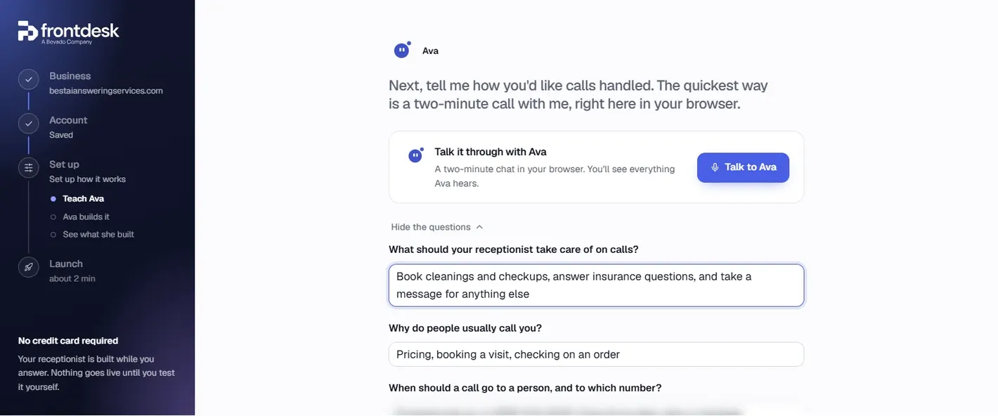 The five typed questions in My AI Front Desk setup, with placeholder answers for a dental practice: book cleanings and checkups, answer insurance questions, and take a message for anything else