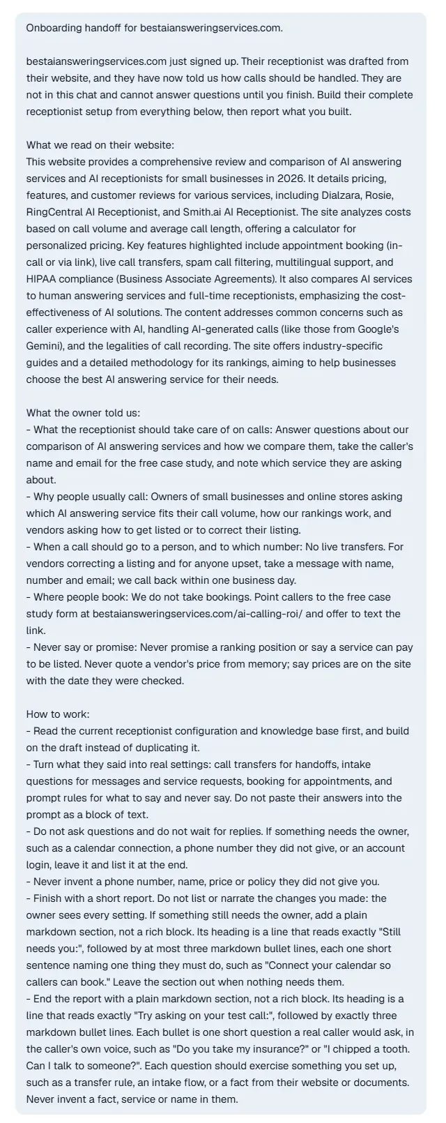 The Receptionist Setup chat in My AI Front Desk, starting with the onboarding handoff: what Ava read on the website, the owner's five answers, and the working rules the setup agent must follow