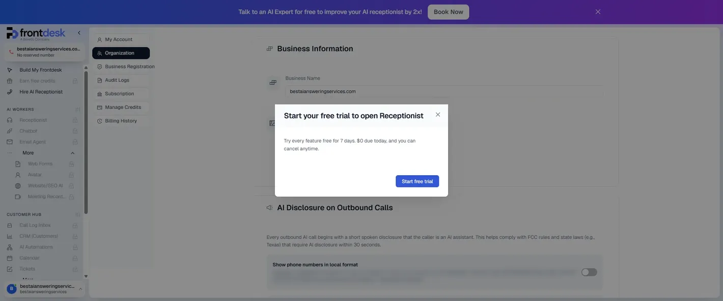 My AI Front Desk dashboard with a modal reading Start your free trial to open Receptionist, try every feature free for 7 days, $0 due today, cancel anytime, and a Start free trial button; the sidebar shows padlocks on Receptionist, Chatbot, Email Agent, Call Log Inbox, CRM, AI Automations, Calendar, Tickets and Manage Team