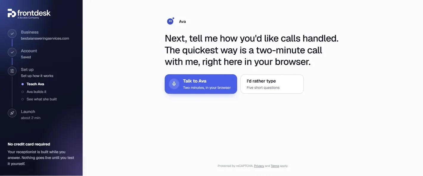 My AI Front Desk Set up step: Ava says Next, tell me how you'd like calls handled, with two buttons, Talk to Ava, two minutes in your browser, and I'd rather type, five short questions