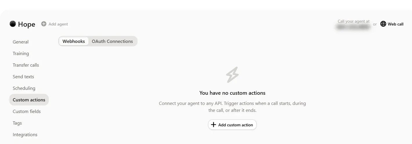 Upfirst Custom actions tab, empty, with Webhooks and OAuth Connections tabs and the text: connect your agent to any API, trigger actions when a call starts, during the call, or after it ends