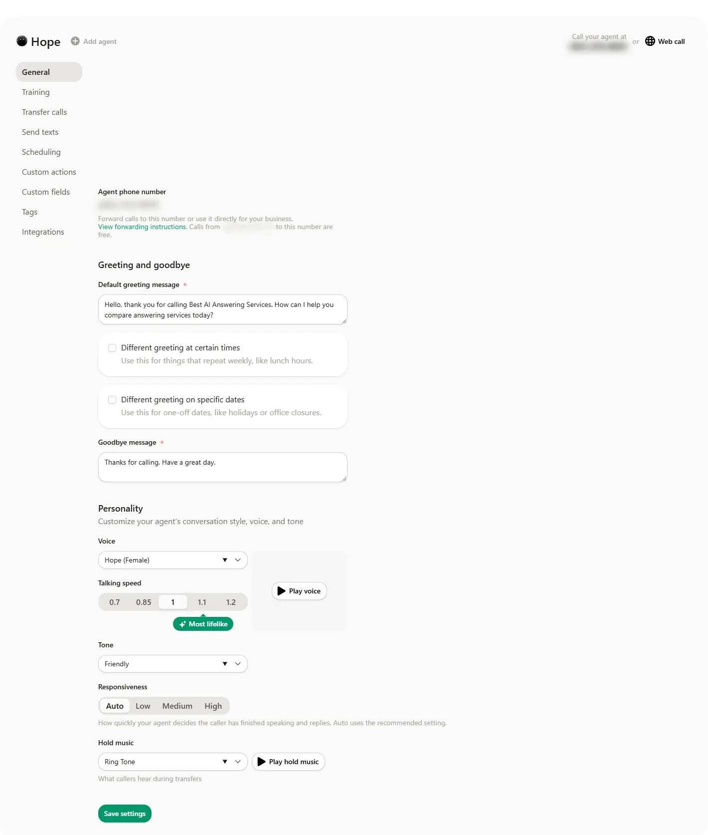 Upfirst agent General settings: agent phone number with forwarding link, default greeting and goodbye messages, options for different greetings at certain times or on specific dates, voice selection, talking speed from 0.7 to 1.2, tone, responsiveness and hold music