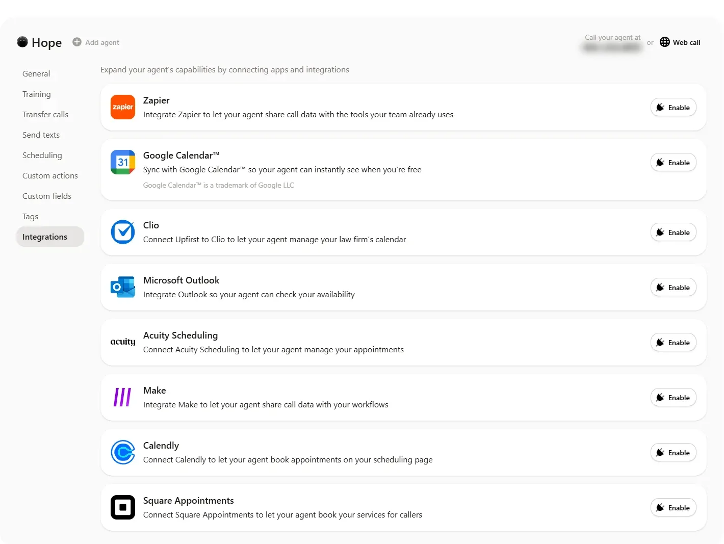 Upfirst Integrations tab listing Zapier, Google Calendar, Clio, Microsoft Outlook, Acuity Scheduling, Make, Calendly and Square Appointments, each with an Enable button