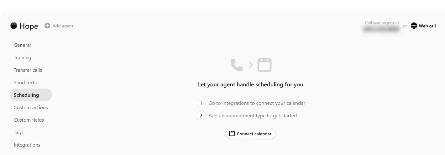 Upfirst Scheduling tab: two steps, connect your calendar in Integrations, then add an appointment type