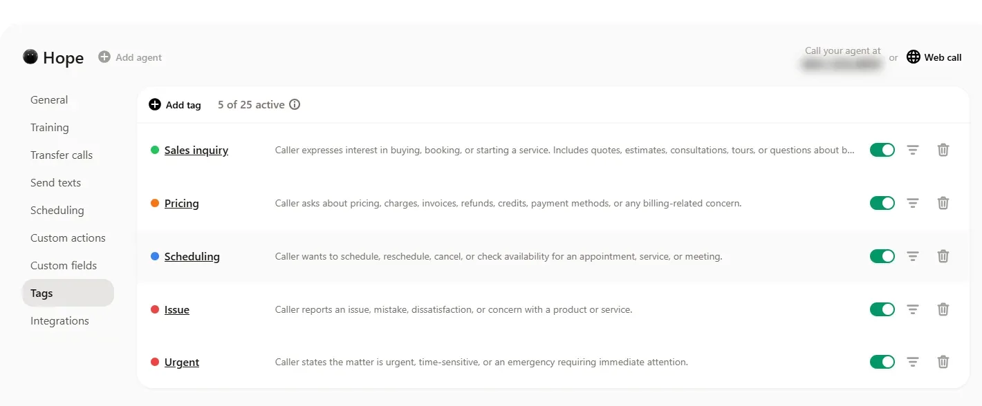 Upfirst Tags tab with five default tags, Sales inquiry, Pricing, Scheduling, Issue and Urgent, each with a description and a link to view calls with that tag; 5 of 25 active