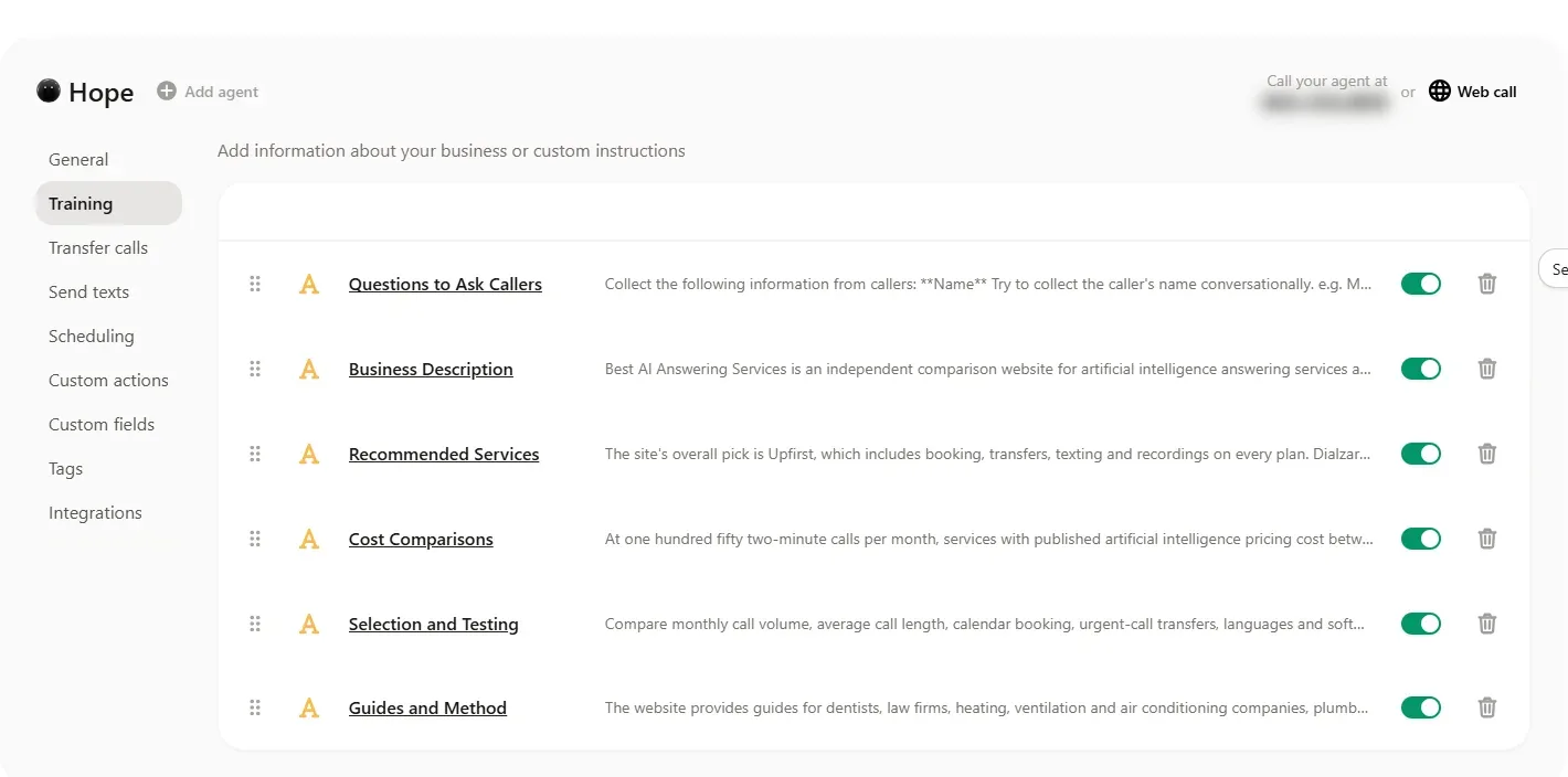 Upfirst Training tab listing six knowledge items with on/off switches: Questions to Ask Callers, Business Description, Recommended Services, Cost Comparisons, Selection and Testing, Guides and Method