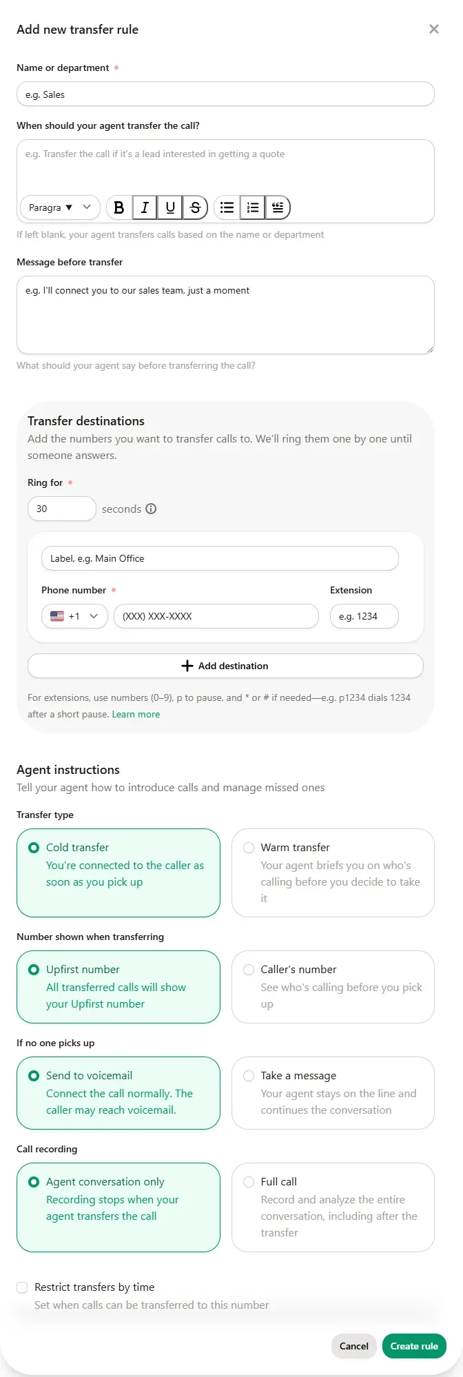 Upfirst new transfer rule form: name or department, when to transfer, message before transfer, destinations rung one by one with ring time and extension, cold or warm transfer, number shown, send to voicemail or take a message if nobody answers, record agent conversation only or the full call, restrict transfers by time