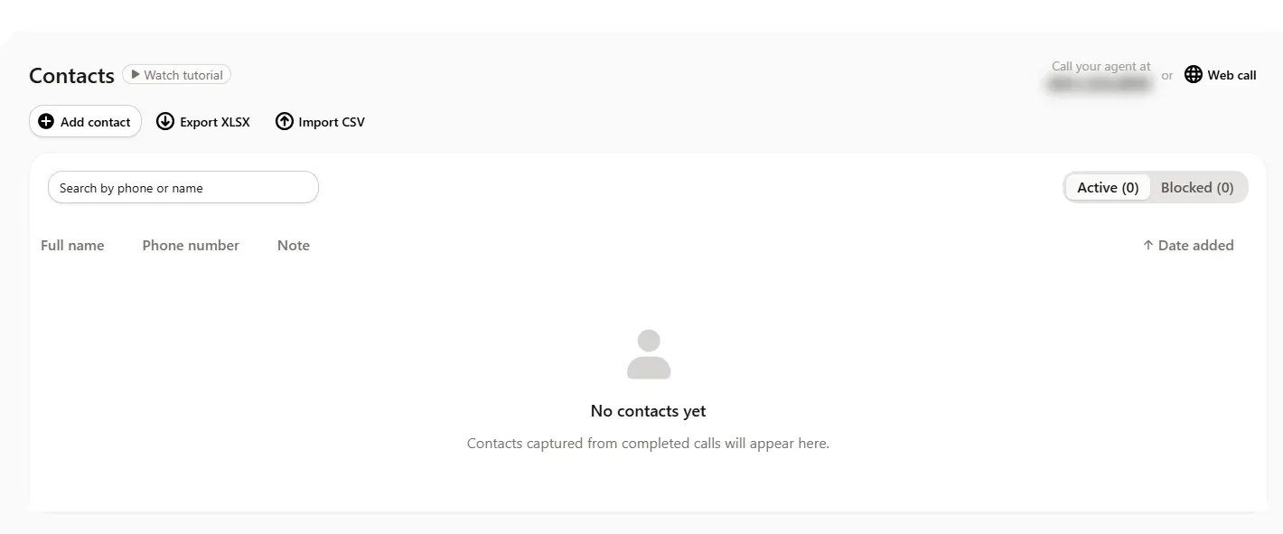 Upfirst Contacts screen, empty, with Add contact, Export XLSX and Import CSV buttons and Active and Blocked tabs