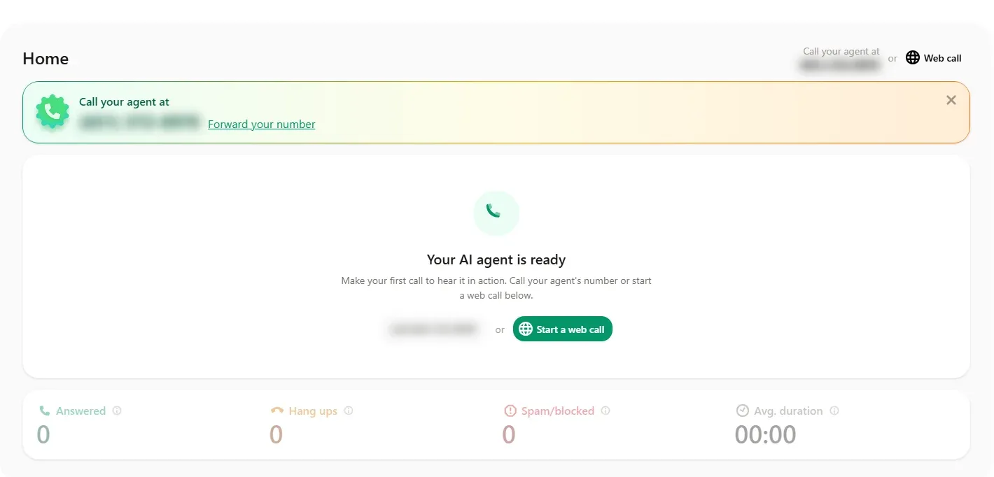 Upfirst home screen after setup, with the agent number blurred and the four call counters